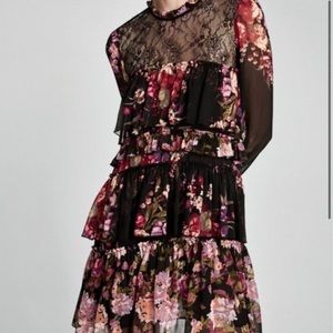 Zara Woman floral lace sheer tiered ruffled lined mini XS black red pink dress